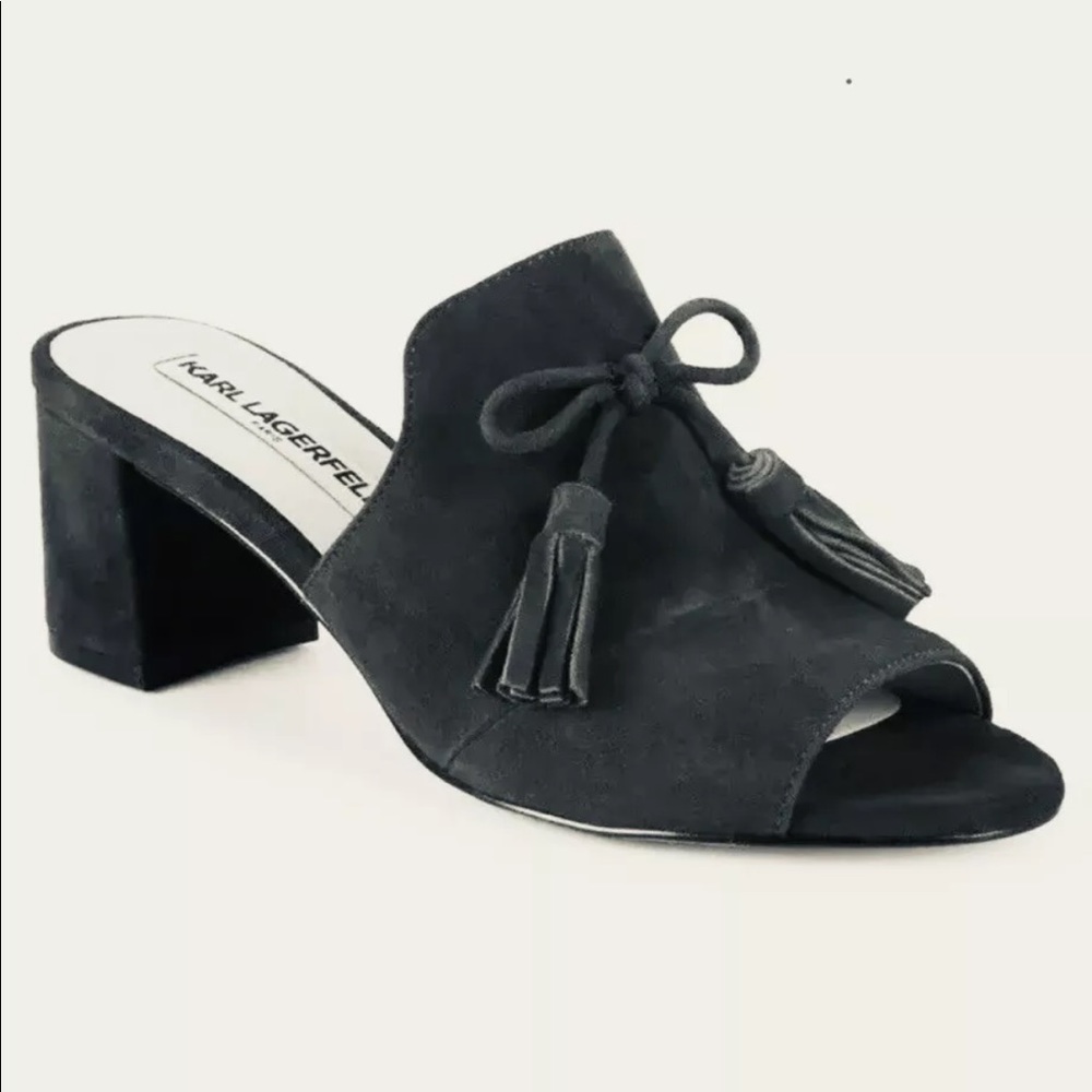 Karl Lagerfeld Paris Suede Block Heel Tassel Mules
